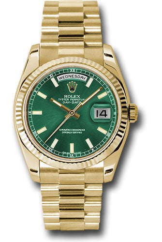 Rolex Yellow Gold Day-Date 36 Watch - Fluted Bezel - Green Index Dial - President Bracelet - 118238 grip