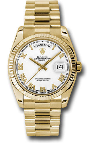 Rolex Yellow Gold Day-Date 36 Watch - Fluted Bezel - White Roman Dial - President Bracelet - 118238 wrp