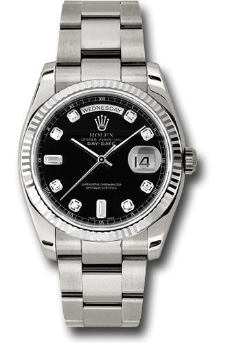 Rolex White Gold Day-Date 36 Watch - Fluted Bezel - Black Diamond Dial - Oyster Bracelet - 118239 bkdo