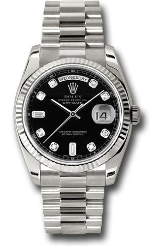 Rolex White Gold Day-Date 36 Watch - Fluted Bezel - Black Diamond Dial - President Bracelet - 118239 bkdp