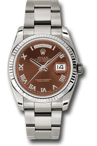 Rolex White Gold Day-Date 36 Watch - Fluted Bezel - Havana Brown Roman Dial - Oyster Bracelet - 118239 hbro