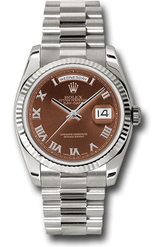 Rolex White Gold Day-Date 36 Watch - Fluted Bezel - Havana Brown Index Dial - President Bracelet - 118239 hrp