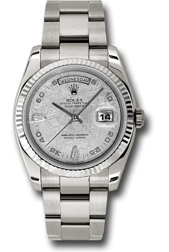 Rolex White Gold Day-Date 36 Watch - Fluted Bezel - Meteorite Diamond Dial - Oyster Bracelet - 118239 mtado