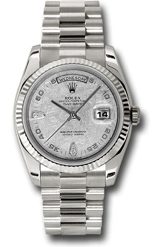 Rolex White Gold Day-Date 36 Watch - Fluted Bezel - Meteorite Diamond Dial - President Bracelet - 118239 mtadp