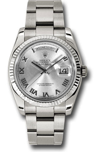 Rolex White Gold Day-Date 36 Watch - Fluted Bezel - Rhodium Roman Dial - Oyster Bracelet - 118239 rro