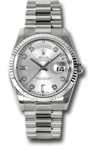 Rolex White Gold Day-Date 36 Watch - Fluted Bezel - Silver Diamond Dial - President Bracelet - 118239 sdp