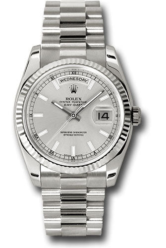 Rolex White Gold Day-Date 36 Watch - Fluted Bezel - Silver Index Dial - President Bracelet - 118239 ssp