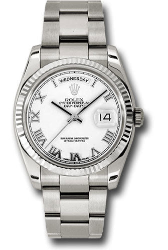 Rolex White Gold Day-Date 36 Watch - Fluted Bezel - White Roman Dial - Oyster Bracelet - 118239 wro