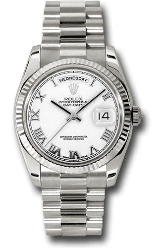 Rolex White Gold Day-Date 36 Watch - Fluted Bezel - White Roman Dial - President Bracelet - 118239 wrp