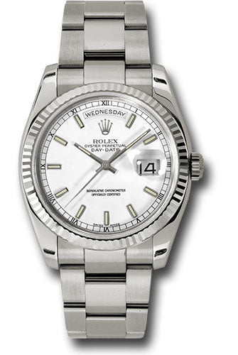 Rolex White Gold Day-Date 36 Watch - Fluted Bezel - White Index Dial - Oyster Bracelet - 118239 wso