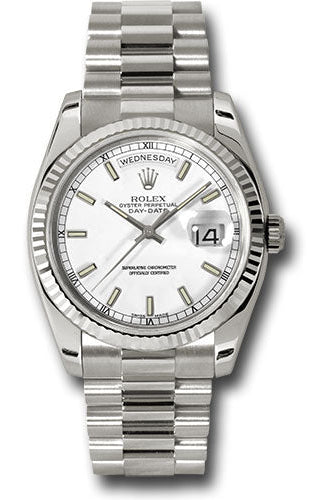 Rolex White Gold Day-Date 36 Watch - Fluted Bezel - White Index Dial - President Bracelet - 118239 wsp