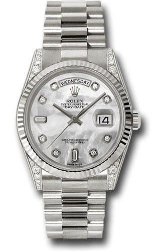 Rolex White Gold Day-Date 36 Watch - Fluted Bezel - Mother-Of-Pearl Diamond Dial - President Bracelet - 118339 mdp