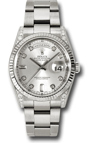Rolex White Gold Day-Date 36 Watch - Fluted Bezel - Silver Diamond Dial - Oyster Bracelet - 118339 sdo