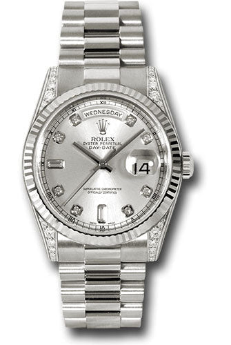 Rolex White Gold Day-Date 36 Watch - Fluted Bezel - Silver Diamond Dial - President Bracelet - 118339 sdp