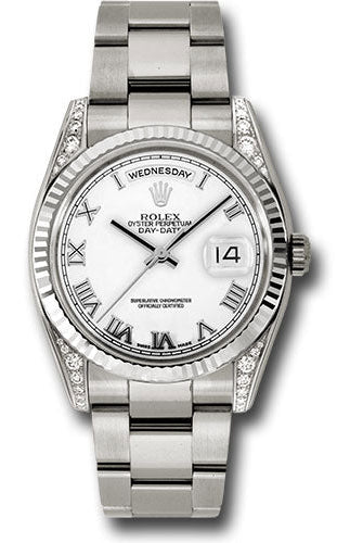 Rolex White Gold Day-Date 36 Watch - Fluted Bezel - White Roman Dial - Oyster Bracelet - 118339 wro