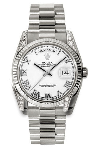 Rolex White Gold Day-Date 36 Watch - Fluted Bezel - White Roman Dial - President Bracelet - 118339 wrp