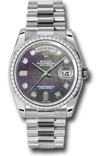 Rolex Platinum Day-Date 36 Watch - Bezel - Dark Mother-Of-Pearl Diamond Dial - President Bracelet - 118346 dkmdp