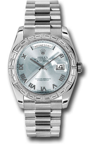 Rolex Platinum Day-Date 36 Watch - Bezel - Glacier Blue Roman Dial - President Bracelet - 118366 glarp