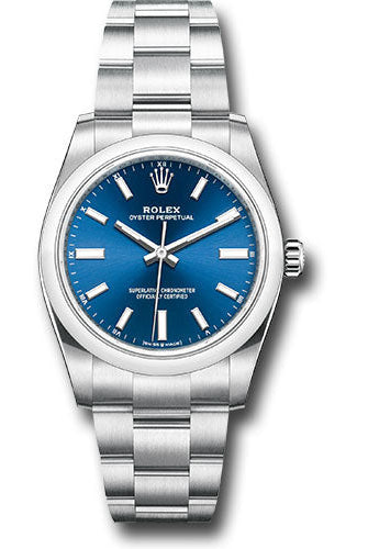 Rolex Oyster Perpetual 34 Watch - Domed Bezel - Blue Index Dial - Oyster Bracelet - 124200 bluio