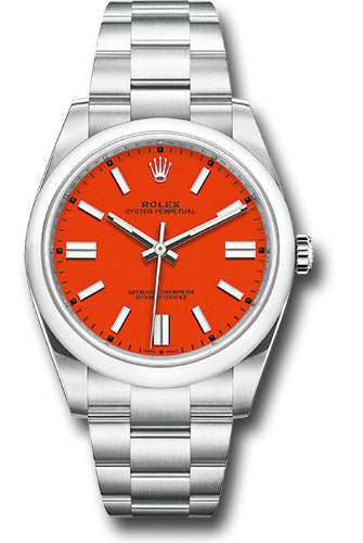 Rolex Oyster Perpetual 41 Watch - Domed Bezel - Coral Red Index Dial - Oyster Bracelet - 124300 reio