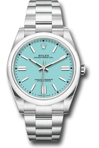 Rolex Oyster Perpetual 41 Watch - Domed Bezel - Turquoise Blue Index Dial - Oyster Bracelet - 124300 tbio