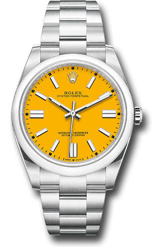 Rolex Oyster Perpetual 41 Watch - Domed Bezel - Yellow Index Dial - Oyster Bracelet - 124300 yio