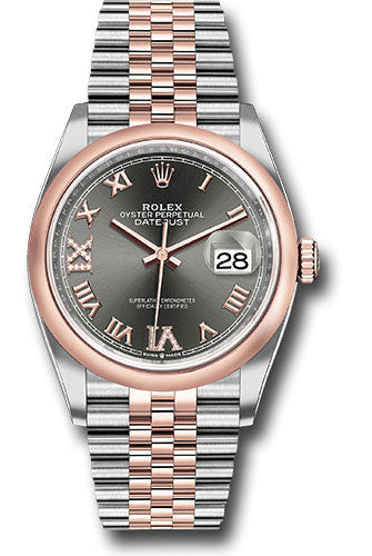 Rolex Steel and Everose Rolesor Datejust 36 Watch - Domed Bezel - Dark Rhodium Roman Dial - Jubilee Bracelet - 126201