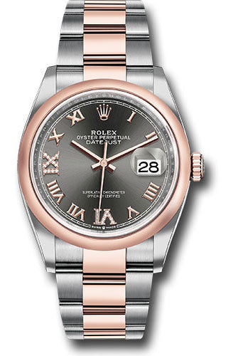 Rolex Steel and Everose Rolesor Datejust 36 Watch - Domed Bezel - Dark Rhodium Roman Dial - Oyster Bracelet - 126201 dkrdr69o