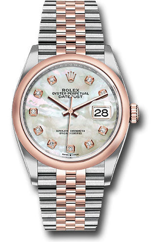 Rolex Steel and Everose Rolesor Datejust 36 Watch - Domed Bezel - White Mother-Of-Pearl Diamond Dial - Jubilee Bracelet -