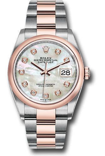Rolex Steel and Everose Rolesor Datejust 36 Watch - Domed Bezel - White Mother-Of-Pearl Diamond Dial - Oyster Bracelet -