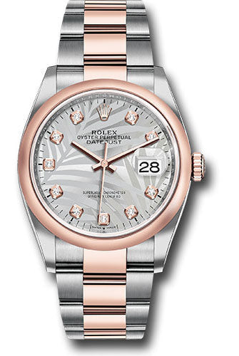 Rolex Everose Rolesor Datejust 36 Watch - Domed Bezel - Silver Palm Motif Diamond Dial - Oyster Bracelet - 126201 spmdo