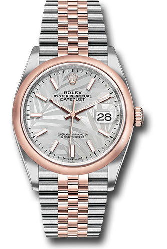 Rolex Everose Rolesor Datejust 36 Watch - Domed Bezel - Silver Palm Motif Index Dial - Jubilee Bracelet - 126201 spmij