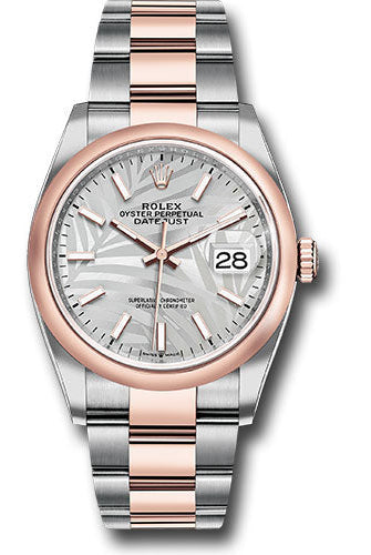 Rolex Everose Rolesor Datejust 36 Watch - Domed Bezel - Silver Palm Motif Index Dial - Oyster Bracelet - 126201 spmio