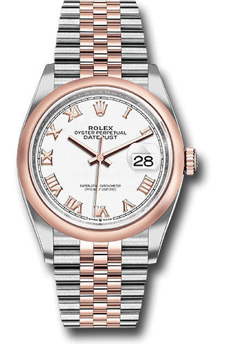 Rolex Steel and Everose Rolesor Datejust 36 Watch - Domed Bezel - White Roman Dial - Jubilee Bracelet - 126201 wrj