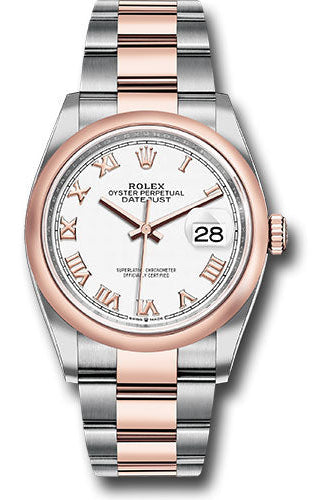 Rolex Steel and Everose Rolesor Datejust 36 Watch - Domed Bezel - White Roman Dial - Oyster Bracelet - 126201 wro