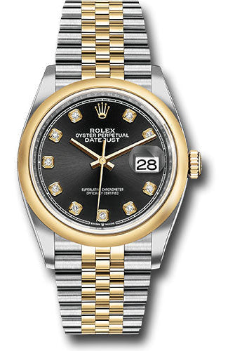 Rolex Steel and Yellow Gold Rolesor Datejust 36 Watch - Domed Bezel - Black Diamond Dial - Jubilee Bracelet - 126203 bkdj