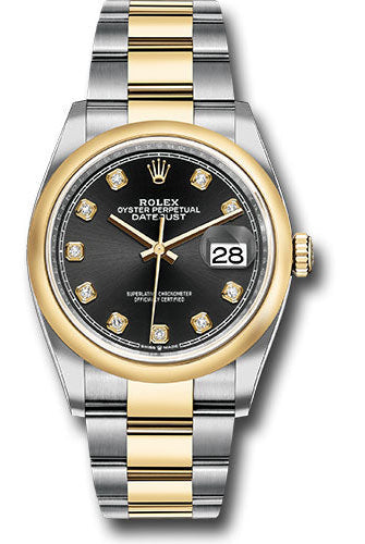 Rolex Steel and Yellow Gold Rolesor Datejust 36 Watch - Domed Bezel - Black Diamond Dial - Oyster Bracelet - 126203 bkdo