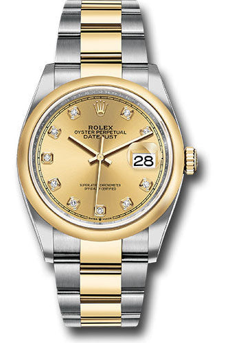 Rolex Steel and Yellow Gold Rolesor Datejust 36 Watch - Domed Bezel - Champagne Diamond Dial - Oyster Bracelet - 126203 chdo