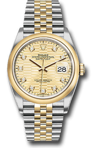 Rolex Yellow Rolesor Datejust 36 Watch - Domed Bezel - Golden Fluted Motif Diamond Dial - Jubilee Bracelet - 126203 gflmdj