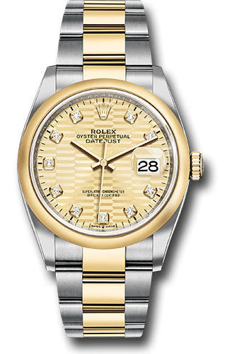 Rolex Yellow Rolesor Datejust 36 Watch - Domed Bezel - Golden Fluted Motif Diamond Dial - Oyster Bracelet - 126203 gflmdo