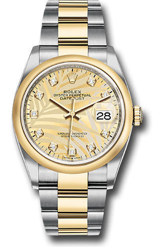 Rolex Yellow Rolesor Datejust 36 Watch - Domed Bezel - Golden Palm Motif Diamond Dial - Oyster Bracelet - 126203 gpmdo