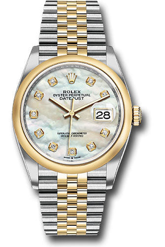 Rolex Steel and Yellow Gold Rolesor Datejust 36 Watch - Domed Bezel - White Mother-Of-Pearl Diamond Dial - Jubilee Bracelet