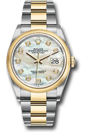 Rolex Steel and Yellow Gold Rolesor Datejust 36 Watch - Domed Bezel - White Mother-Of-Pearl Diamond Dial - Oyster Bracelet -