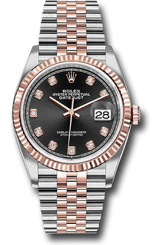 Rolex Steel and Everose Rolesor Datejust 36 Watch - Fluted Bezel - Black Diamond Dial - Jubilee Bracelet - 126231 bkdj