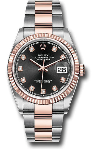 Rolex Steel and Everose Rolesor Datejust 36 Watch - Fluted Bezel - Black Diamond Dial - Oyster Bracelet - 126231 bkdo