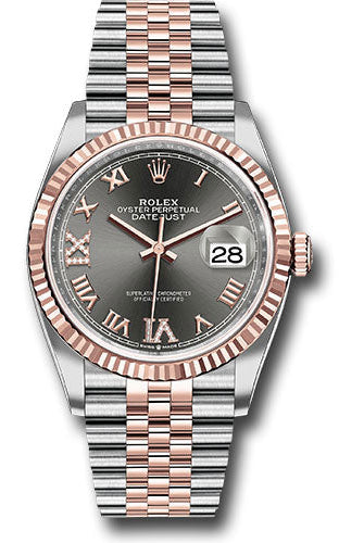 Rolex Steel and Everose Rolesor Datejust 36 Watch - Fluted Bezel - Dark Rhodium Roman Dial - Jubilee Bracelet - 126231