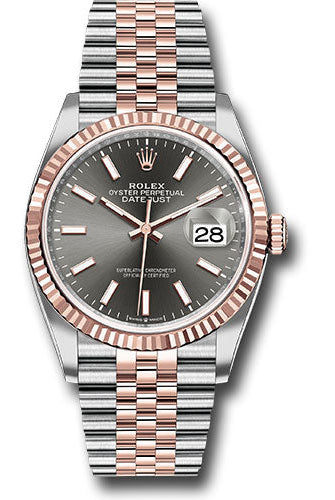 Rolex Steel and Everose Rolesor Datejust 36 Watch - Fluted Bezel - Dark Rhodium Index Dial - Jubilee Bracelet - 126231 dkrij