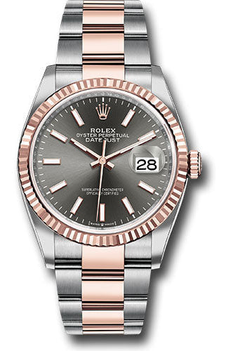 Rolex Steel and Everose Rolesor Datejust 36 Watch - Fluted Bezel - Dark Rhodium Index Dial - Oyster Bracelet - 126231 dkrio