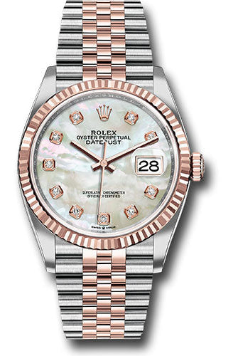 Rolex Steel and Everose Rolesor Datejust 36 Watch - Fluted Bezel - White Mother-Of-Pearl Diamond Dial - Jubilee Bracelet -