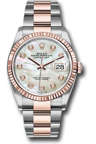 Rolex Steel and Everose Rolesor Datejust 36 Watch - Fluted Bezel - White Mother-Of-Pearl Diamond Dial - Oyster Bracelet -